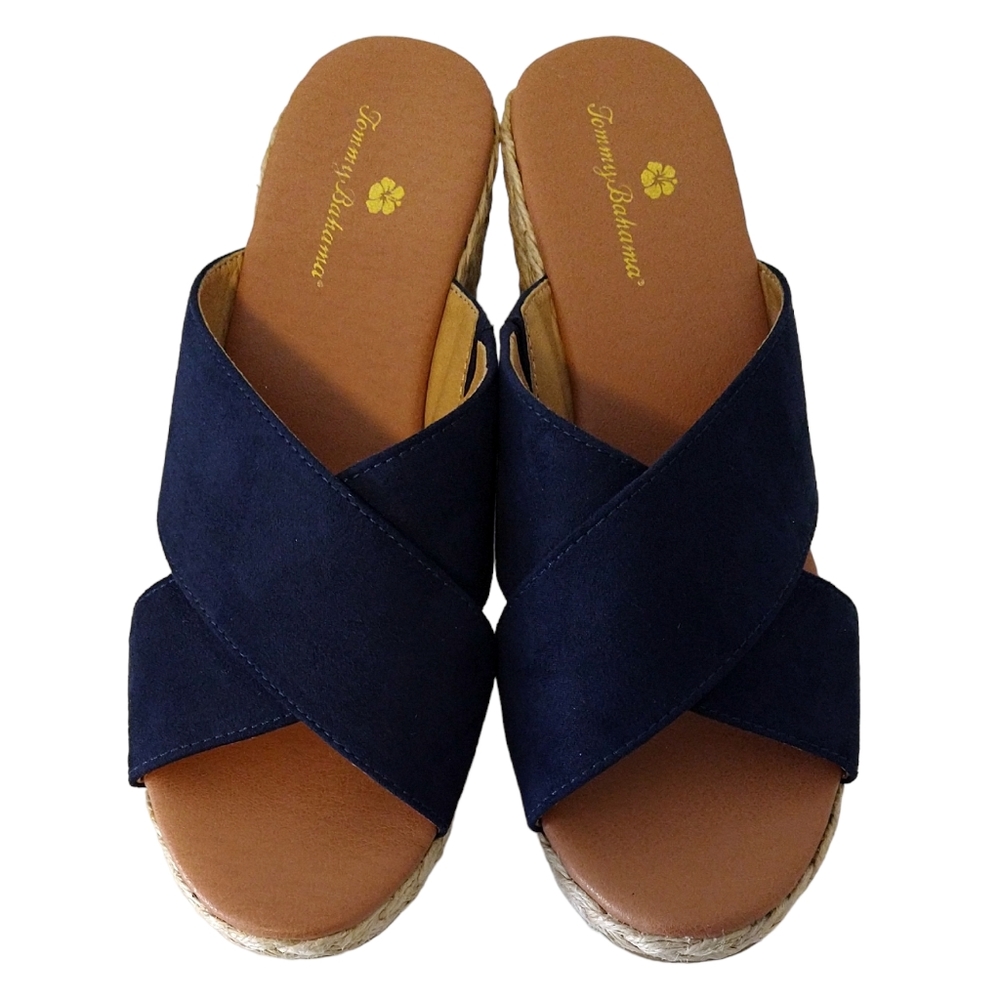 Tommy Bahama Stacey Navy Blue Criss-Cross Fabric Espadrille Wedge Sandals Beachy - Picture 3 of 8